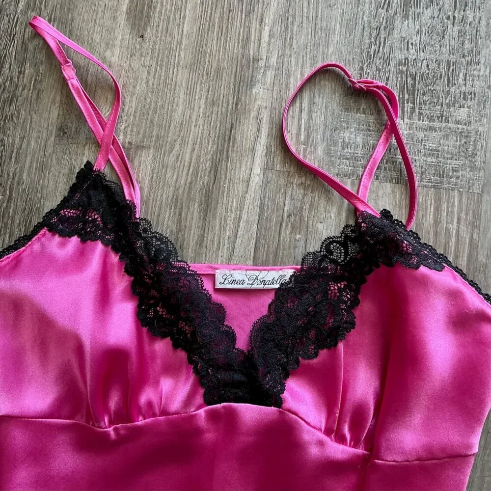 Vintage Linea Donatella Hot Pink Black Lace Satin Mini Slip Dress - Picture 11 of 11